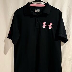 Under Armour Black Polo Shirt with Pink Logo, Men’s Med. Breast Cancer Awareness